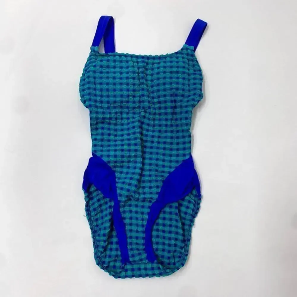 Early 90s Jantzen Teal and Blue poly/nylon Gingham Size 10 Made in the‎ USA
